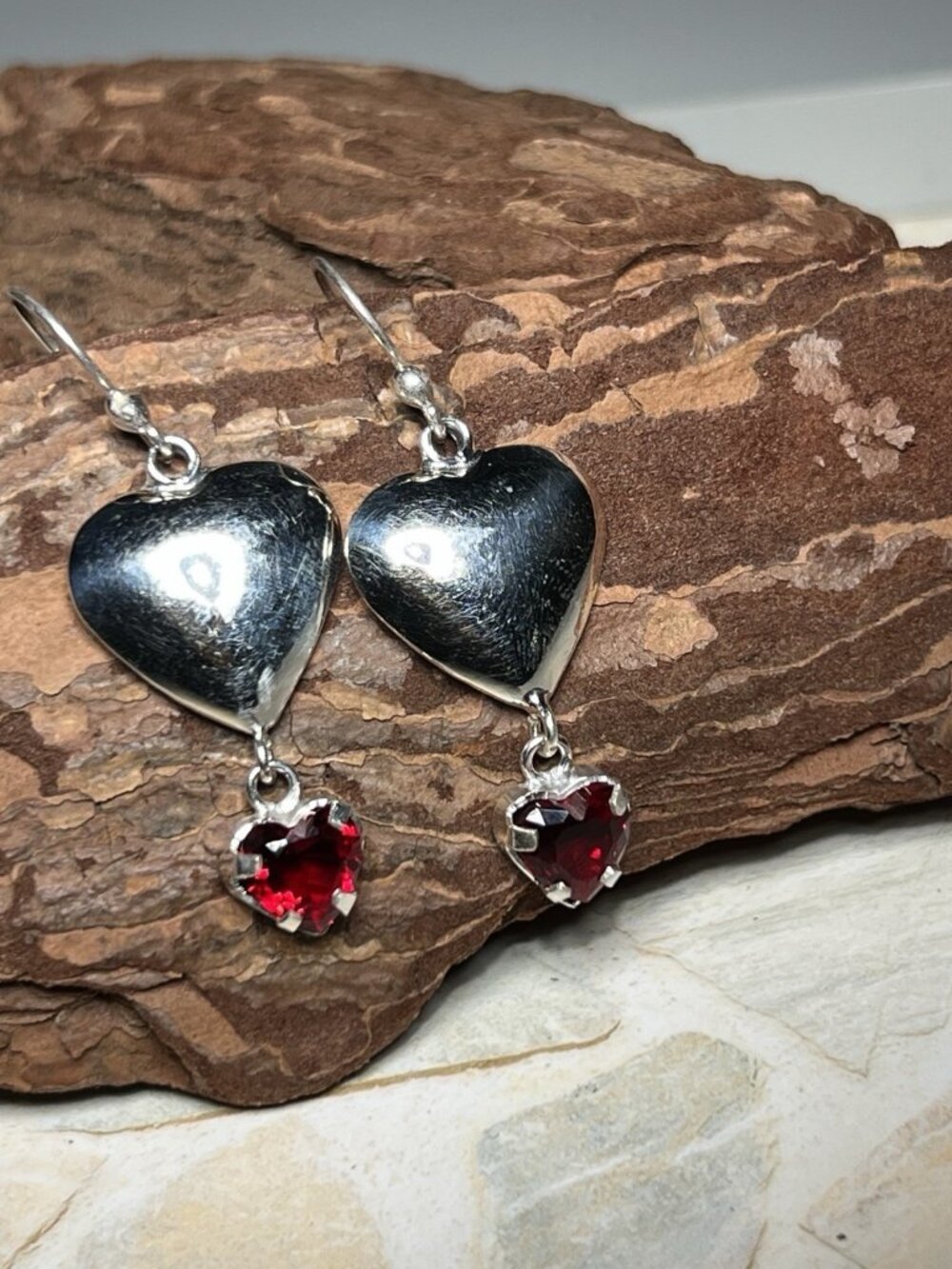 Sterling Silver 925 Heart Dangle Earrings with Wine Red Heart Accent